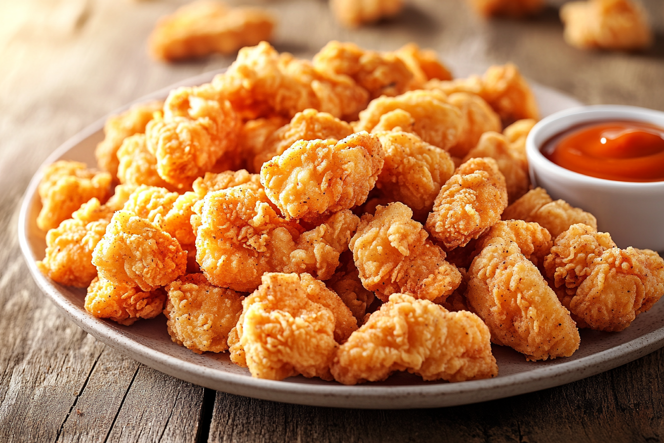 A plate of golden brown, crispy chicken fries served on a rustic wooden table with a small bowl of dipping sauce on the side.