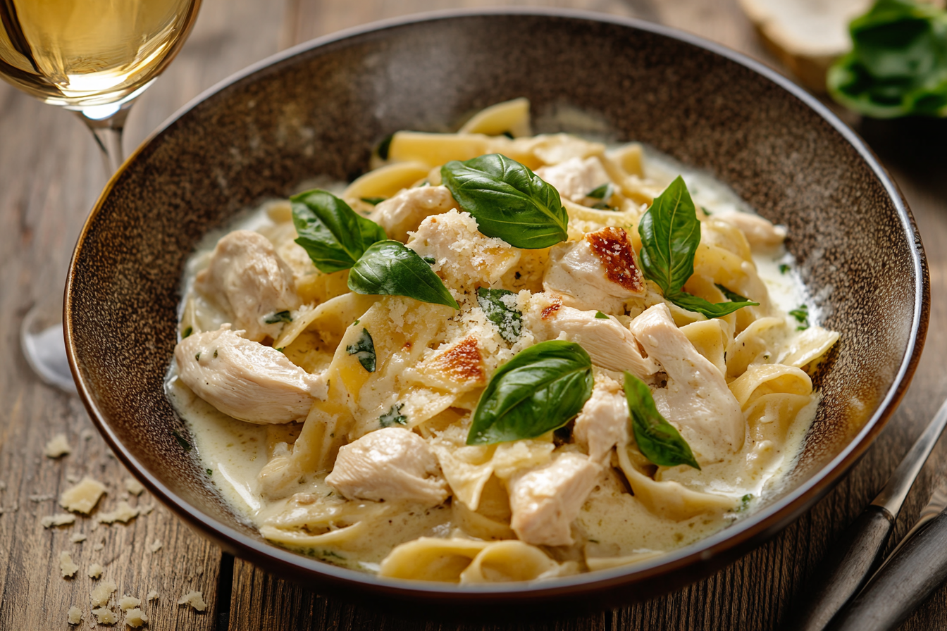 Marry Me Chicken Pasta served in a rustic bowl, featuring tender chicken pieces in a creamy sauce, garnished with fresh basil and Parmesan cheese.