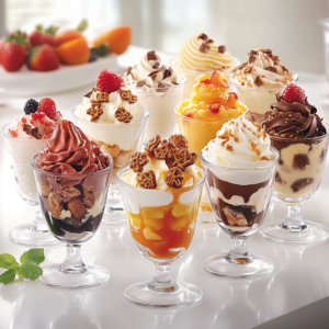 A variety of delicious Ninja Creami recipes, featuring creamy vanilla ice cream, rich chocolate gelato, refreshing strawberry sorbet, tangy peach frozen yogurt, and salted caramel pretzel ice cream, made with the Ninja Creami machine, displayed in elegant bowls with fresh toppings, on a kitchen counter.