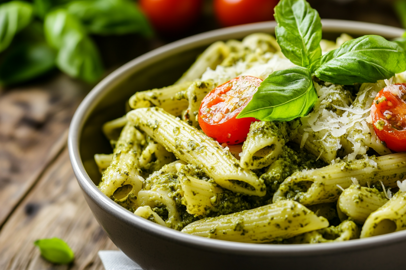 A bowl of protein pasta made from chickpea flour, topped with creamy pesto sauce, fresh basil leaves, and grated Parmesan cheese. The dish is garnished with roasted cherry tomatoes, placed on a rustic wooden table with natural light highlighting the vibrant colors of the ingredients.