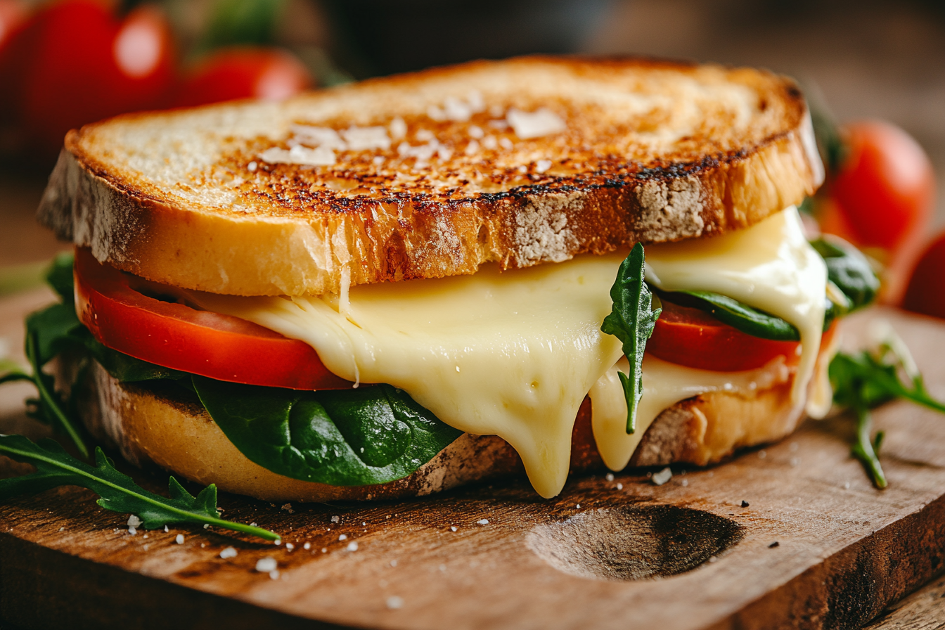 Close-up of a golden, melted provolone cheese sandwich with slices of fresh tomatoes and spinach, served on a wooden board in a rustic kitchen setting