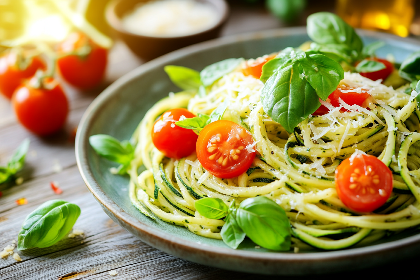 Plate of low carb pasta with fresh vegetables, garnished with basil and a drizzle of olive oil, showcasing a healthy and delicious alternative to traditional pasta.