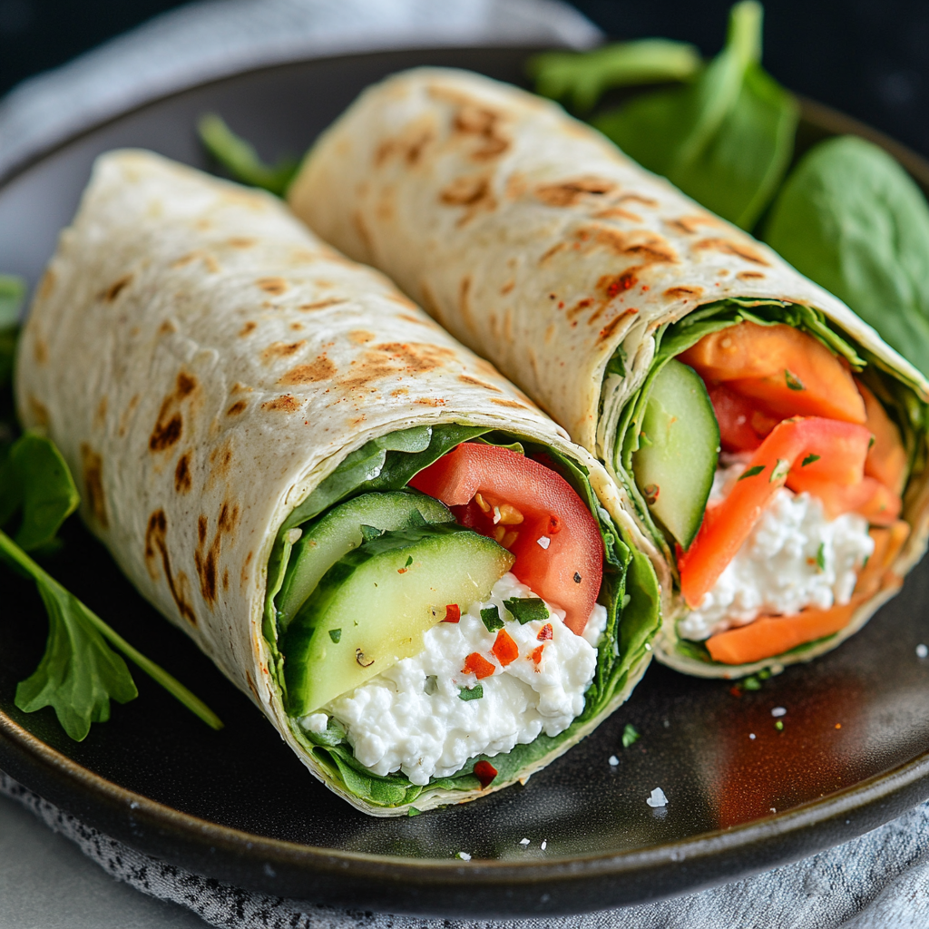 Cottage cheese wraps recipe - Healthy protein-packed lunch idea, Ingredients for cottage cheese wraps recipe including fresh vegetables and cottage cheese, Assembled cottage cheese wraps ready to eat, and Cottage cheese wraps cut in half showing fresh vegetables and cottage cheese filling.