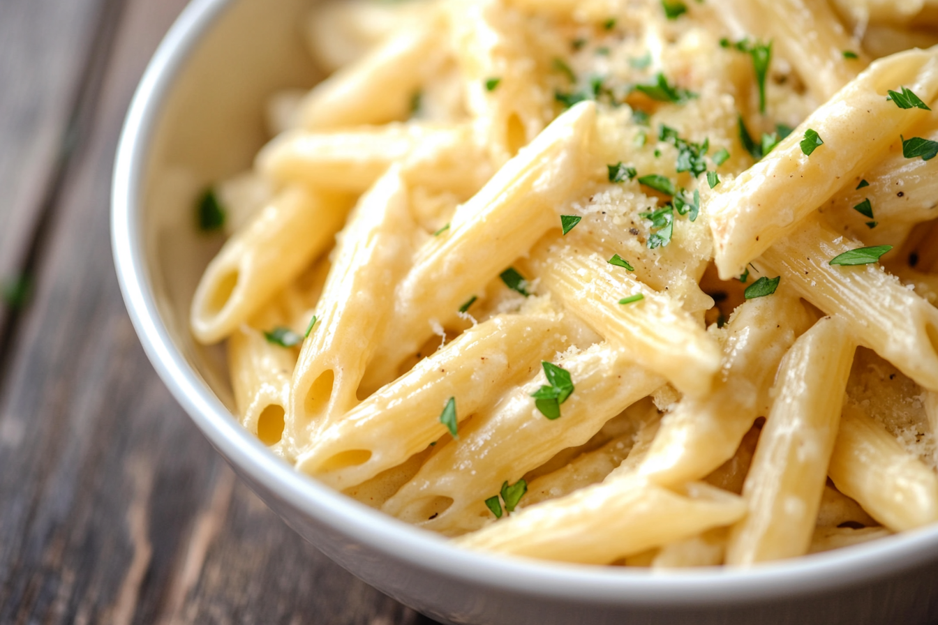 Close-up of a creamy Boursin cheese pasta dish served in a white ceramic bowl, garnished with freshly chopped parsley, placed on a rustic wooden table with soft natural lighting.