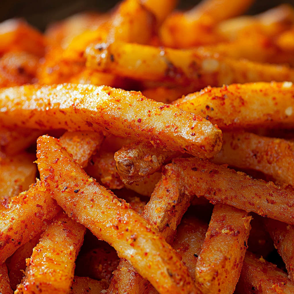 Close-up of a pile of crispy hot fries, vibrant red-orange in color, coated with spicy seasoning. The fries appear fresh and crunchy, with a slight sheen from the seasoning, set against a blurred background to emphasize their texture and heat.