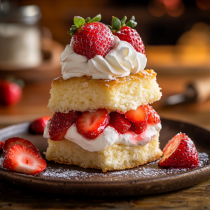 Golden-brown Bisquick shortcake filled with fresh strawberries and whipped cream, served on a rustic wooden table.