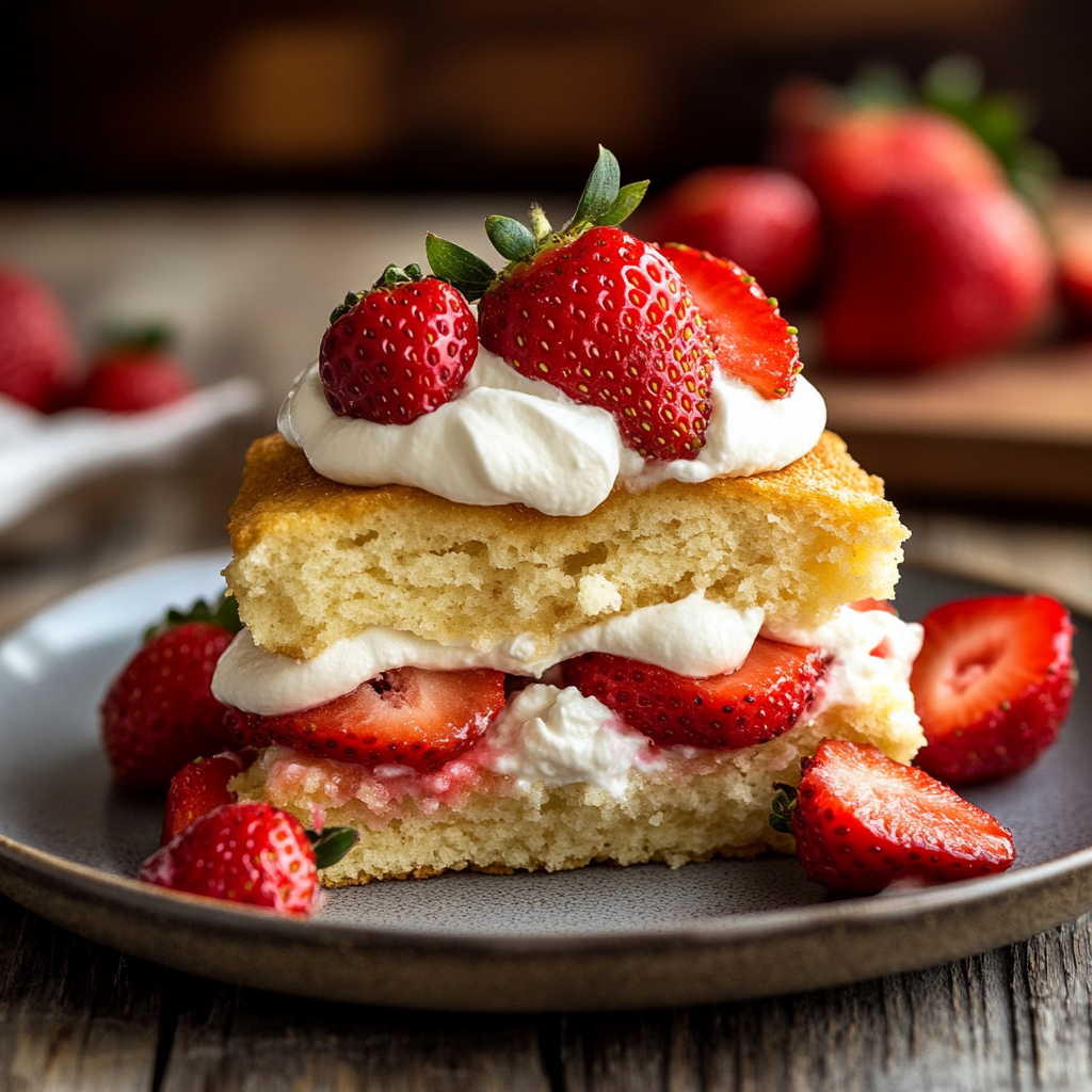 Golden-brown Bisquick shortcake filled with fresh strawberries and whipped cream, served on a rustic wooden table.