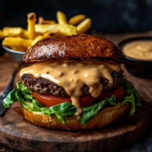 Close-up of a burger topped with creamy burger sauce, fresh lettuce, tomato, and cheese on a wooden board with fries on the side.