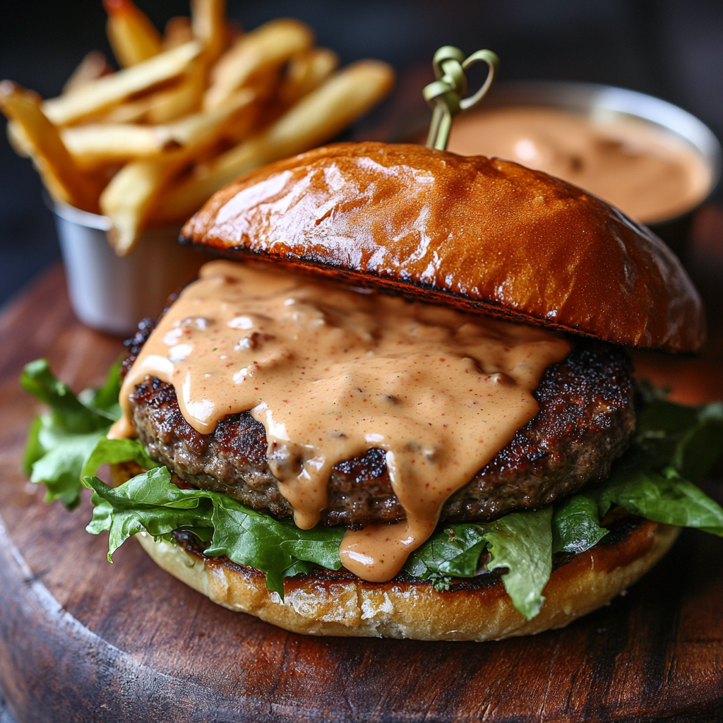 Close-up of a burger topped with creamy burger sauce, fresh lettuce, tomato, and cheese on a wooden board with fries on the side.