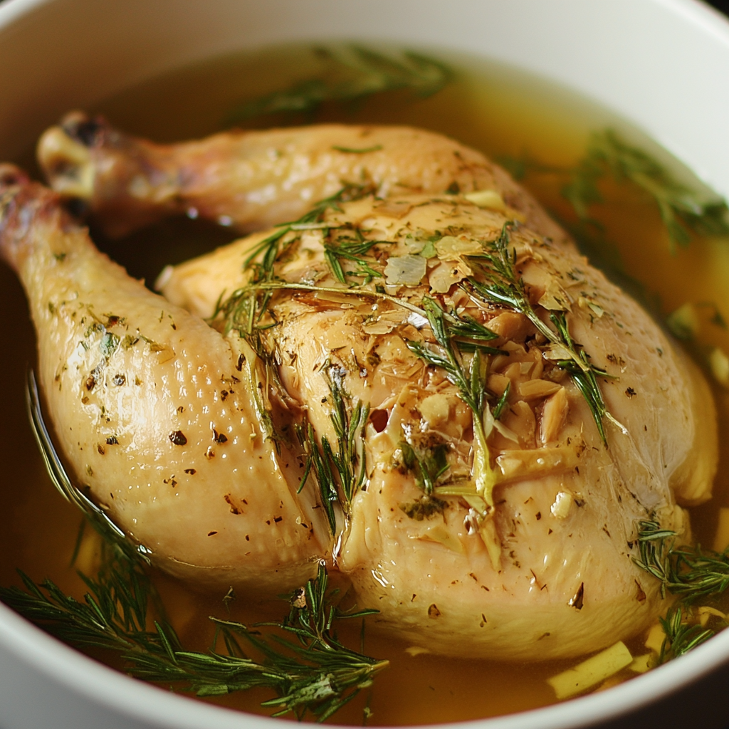 Whole chicken soaking in a seasoned brine, ready for cooking, with fresh herbs and spices floating in the liquid.