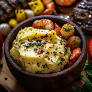 Rustic bowl of Cowboy Butter with garlic, herbs, and red pepper flakes, served with grilled steak, shrimp, and roasted vegetables.