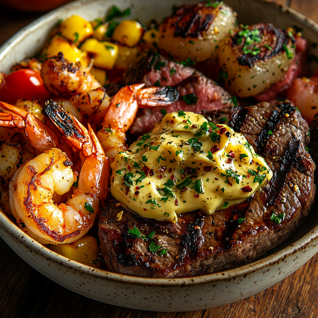 Rustic bowl of Cowboy Butter with garlic, herbs, and red pepper flakes, served with grilled steak, shrimp, and roasted vegetables.