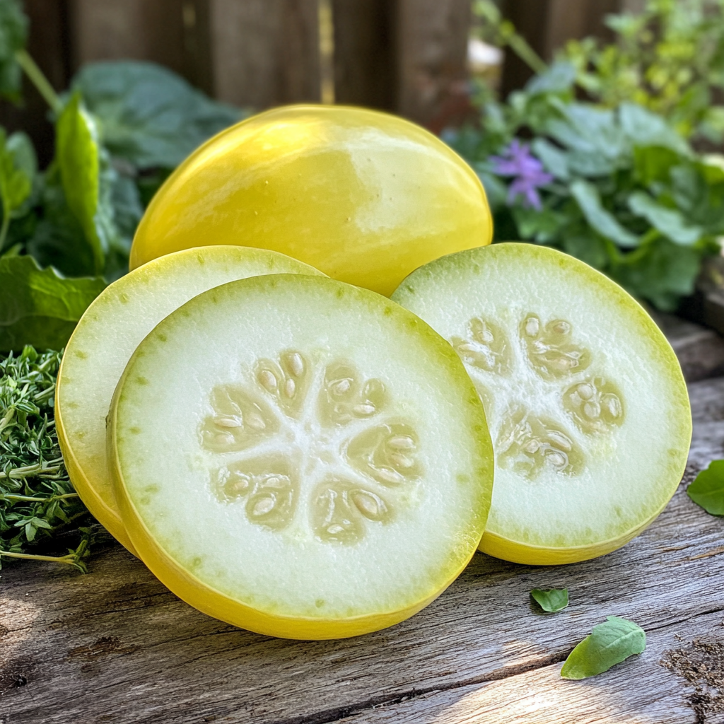 Round, yellow lemon cucumber sliced open to show its crisp white interior on a rustic wooden surface with fresh herbs.