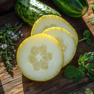 Round, yellow lemon cucumber sliced open to show its crisp white interior on a rustic wooden surface with fresh herbs.