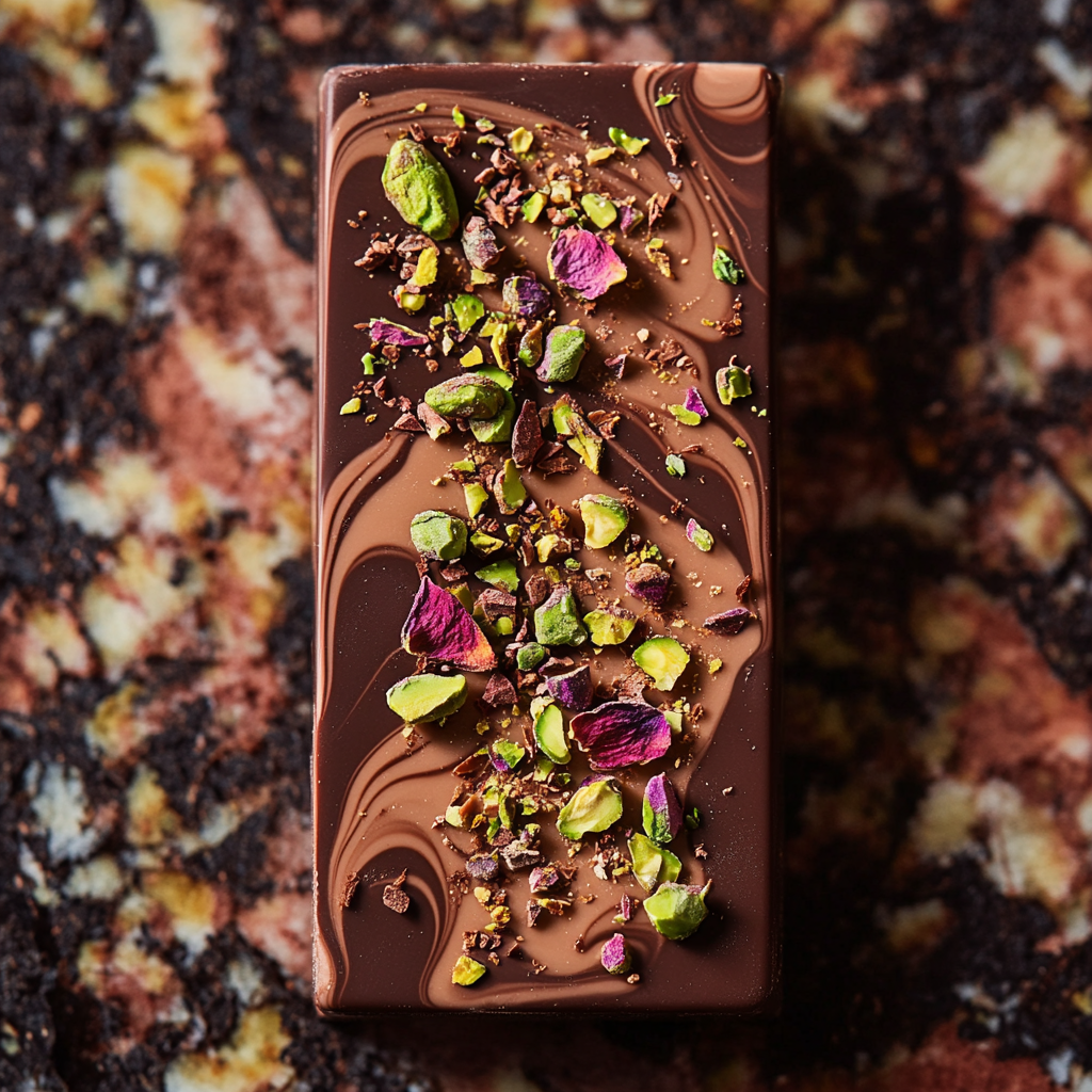 Luxurious Dubai Chocolate Bar topped with pistachios, rose petals, and edible gold leaf.