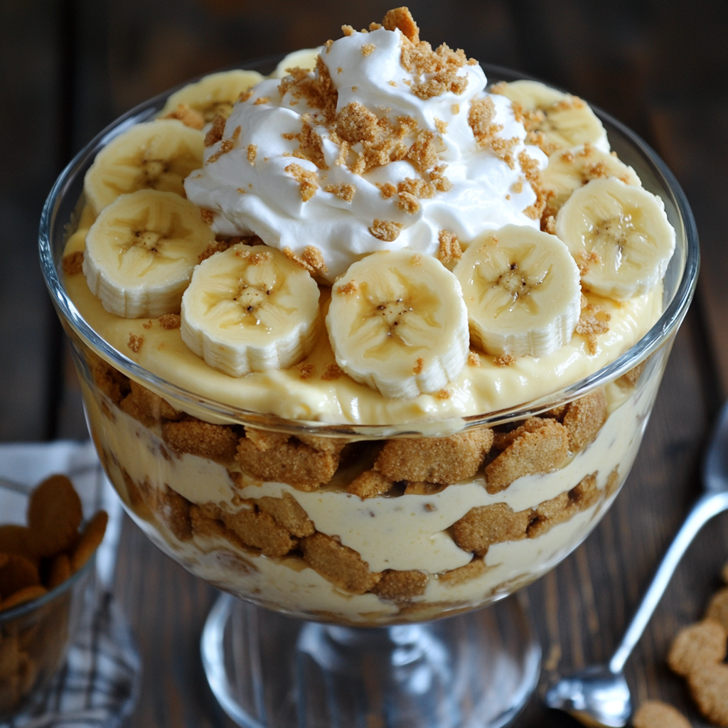 Classic banana pudding with layers of vanilla pudding, banana slices, and vanilla wafers, topped with whipped cream and crushed wafers.