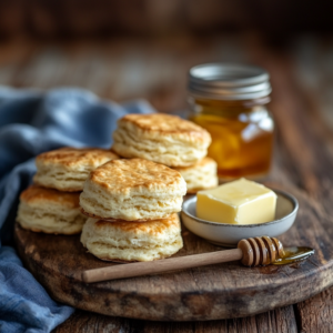 Golden-brown gluten-free biscuits on a wooden board with butter and honey.