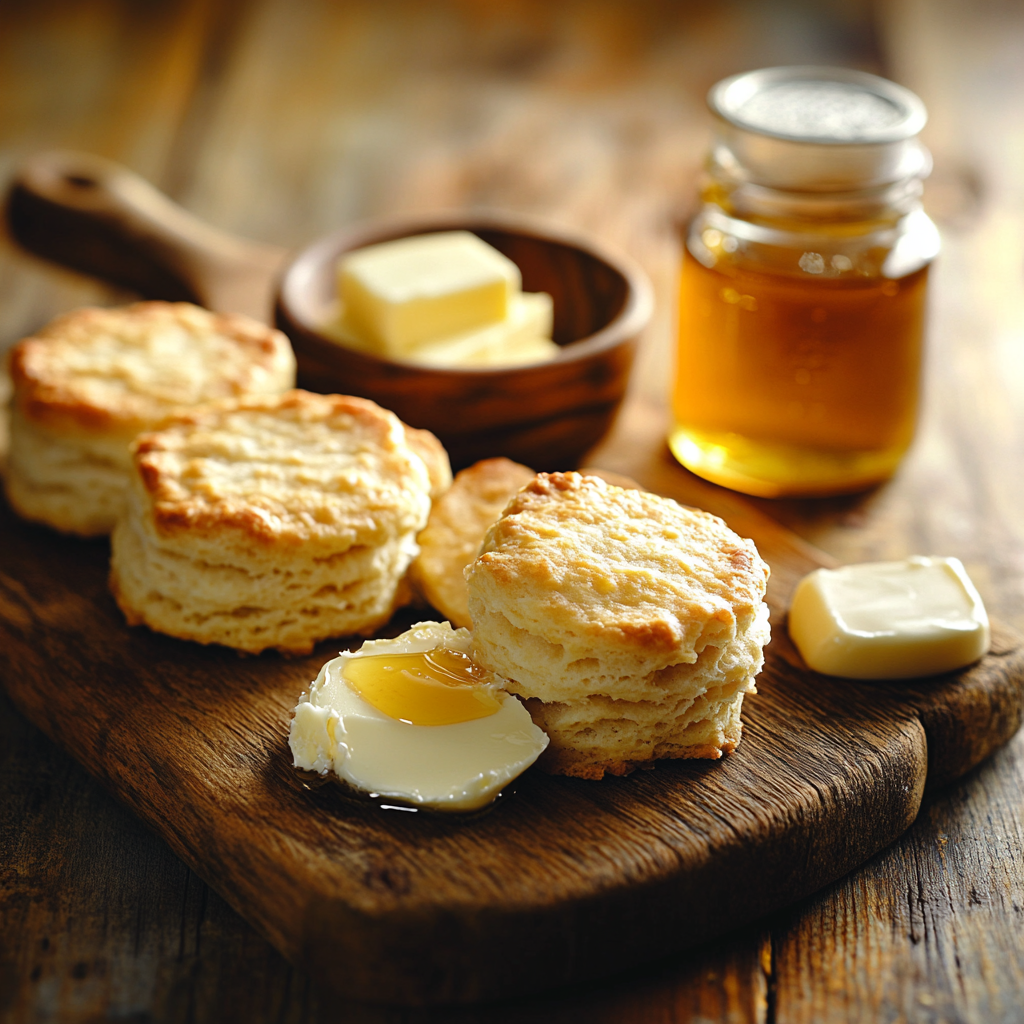 Golden-brown gluten-free biscuits on a wooden board with butter and honey.