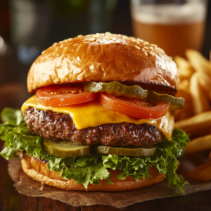 Thick Hamburger Carne Grossa with melted cheese, lettuce, tomatoes, and pickles, served on a toasted bun with a side of fries.