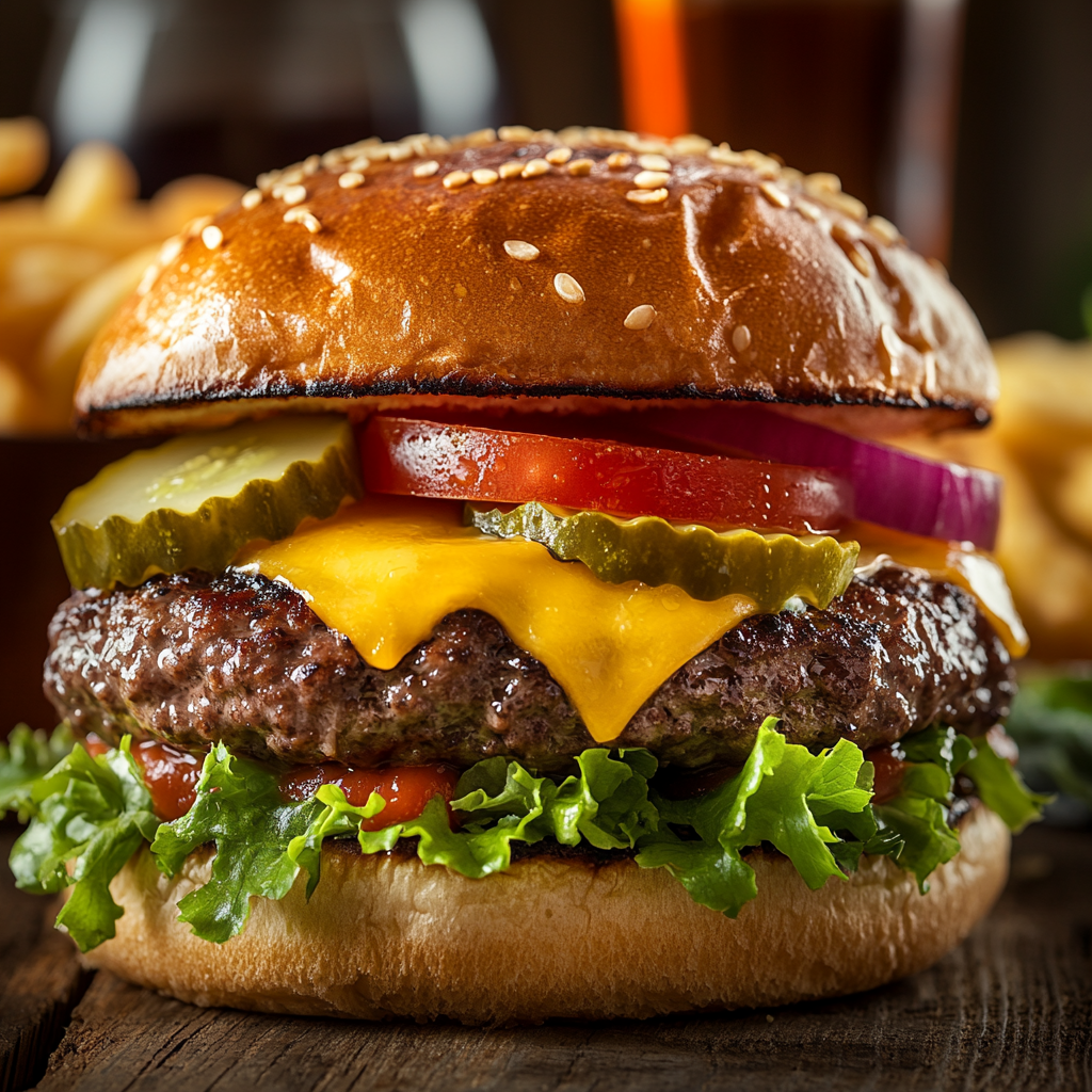 Thick Hamburger Carne Grossa with melted cheese, lettuce, tomatoes, and pickles, served on a toasted bun with a side of fries.