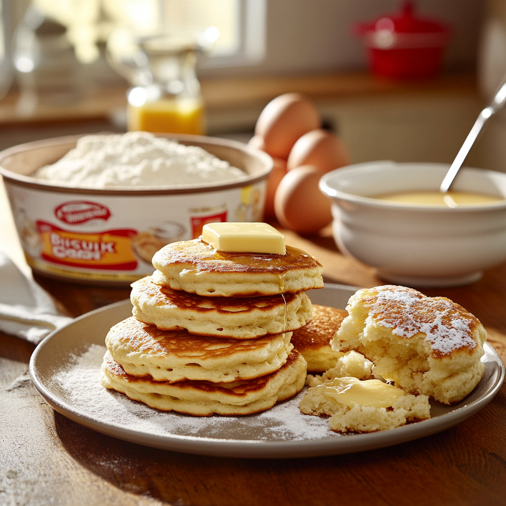 Bisquick box with freshly baked biscuits, pancakes, and mixing bowl in a cozy kitchen setting.