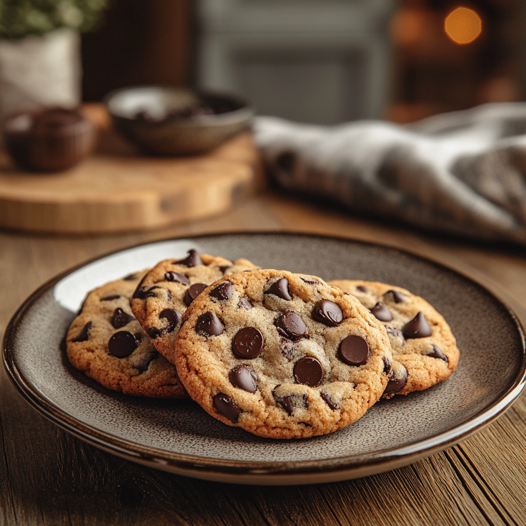 Plate of freshly baked Nestle chocolate chip cookies with melty chocolate chips on a rustic wooden table in a cozy kitchen setting.