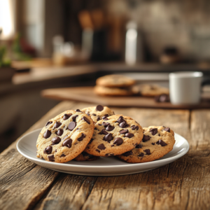 Plate of freshly baked Nestle chocolate chip cookies with melty chocolate chips on a rustic wooden table in a cozy kitchen setting.