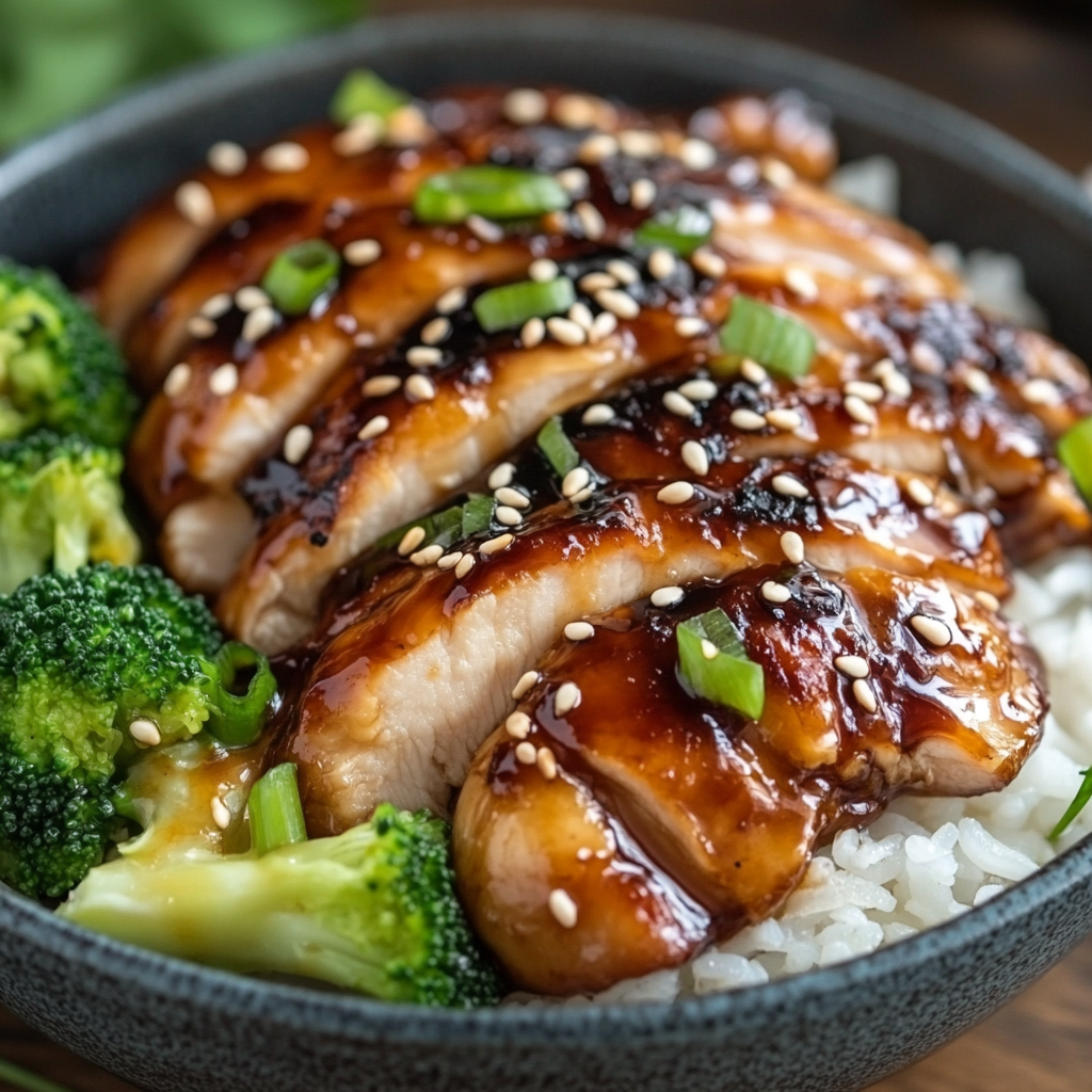 Grilled Panda Express Teriyaki Chicken sliced and glazed with teriyaki sauce, served with rice and broccoli.