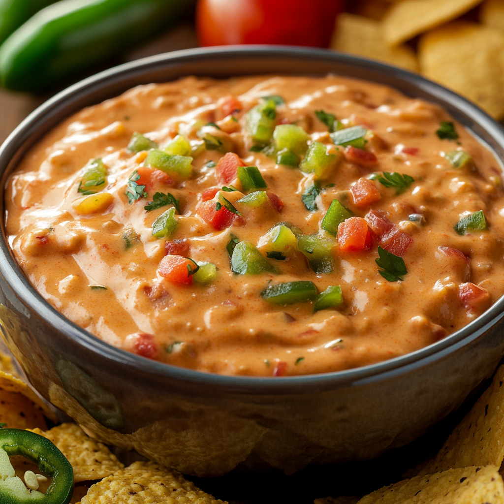 Close-up of a bowl of creamy Rotel Dip with melted cheese, diced tomatoes, and green chilies, surrounded by tortilla chips and fresh jalapenos at a casual gathering.