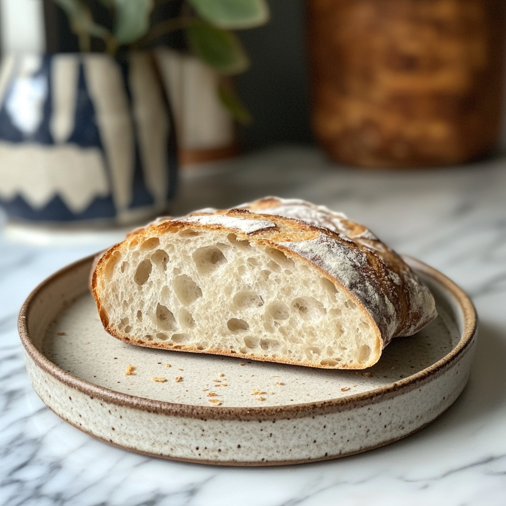 Rustic kitchen table with freshly baked sourdough bread, pancakes, and a bowl of sourdough discard in a cozy, warm atmosphere.