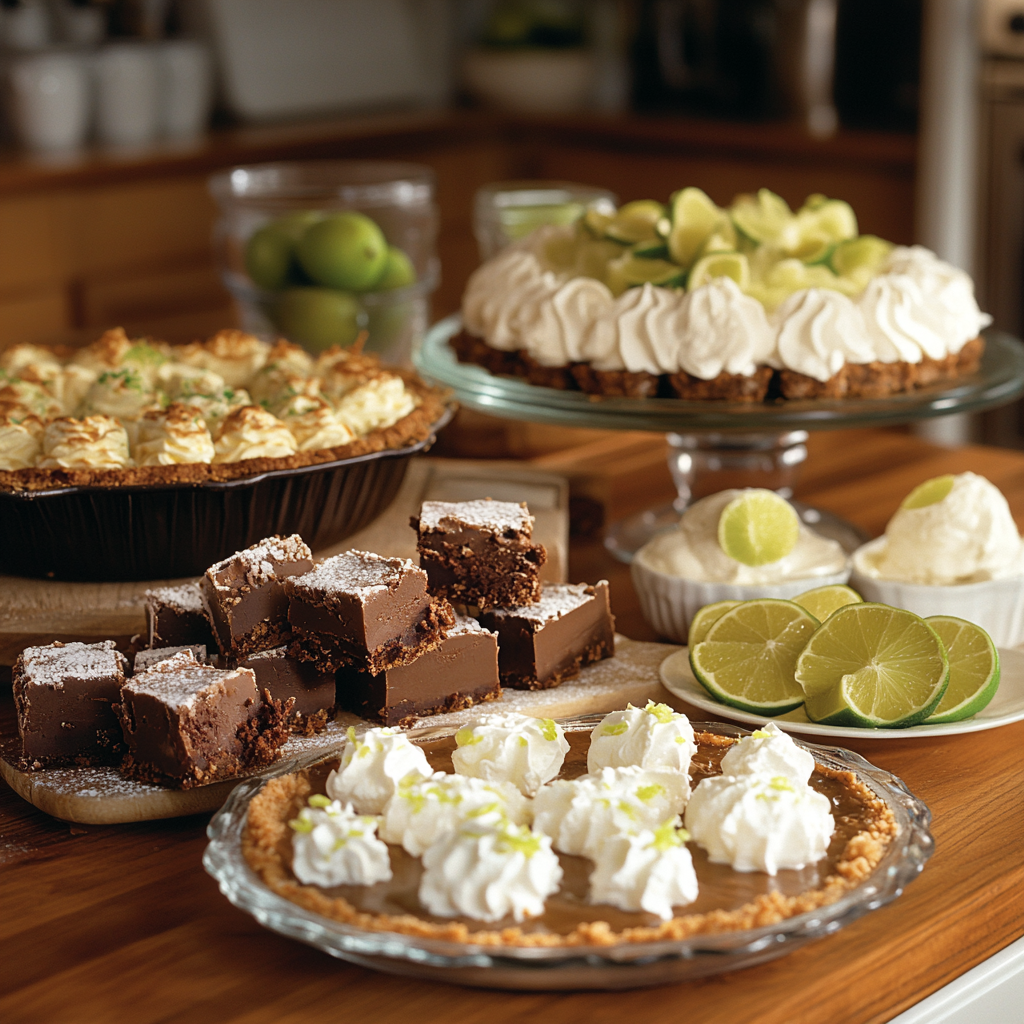 Variety of desserts made with condensed milk, including fudge, ice cream, and key lime pie on a kitchen counter.