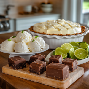 Variety of desserts made with condensed milk, including fudge, ice cream, and key lime pie on a kitchen counter.