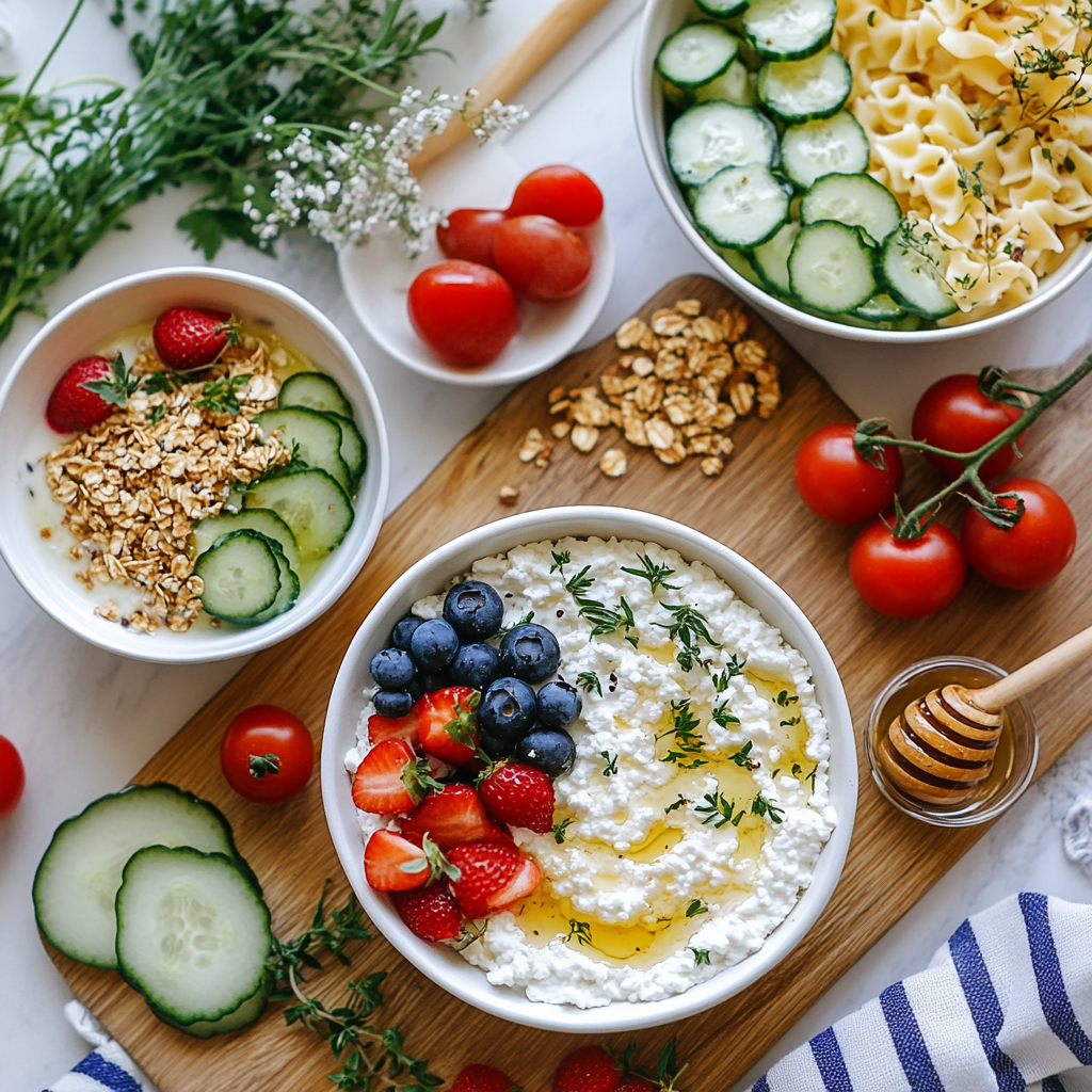 A variety of cottage cheese-based dishes, including a creamy herb dip, a berry parfait, and a savory pasta dish, displayed on a bright kitchen countertop with fresh ingredients like cucumbers, tomatoes, honey, and herbs.