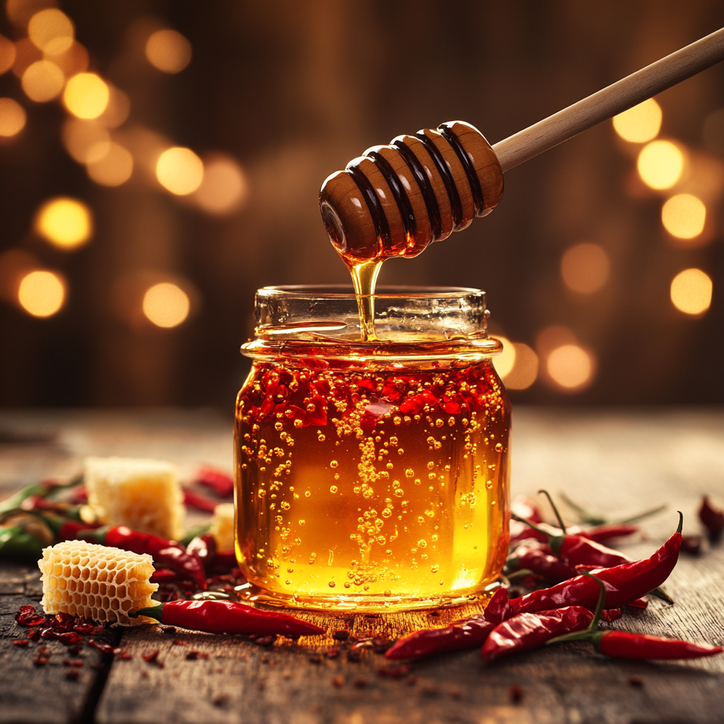 Jar of golden hot honey with floating chili peppers on a wooden table, with a honey dipper and chili peppers nearby.