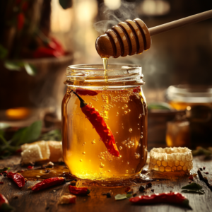 Jar of golden hot honey with floating chili peppers on a wooden table, with a honey dipper and chili peppers nearby.