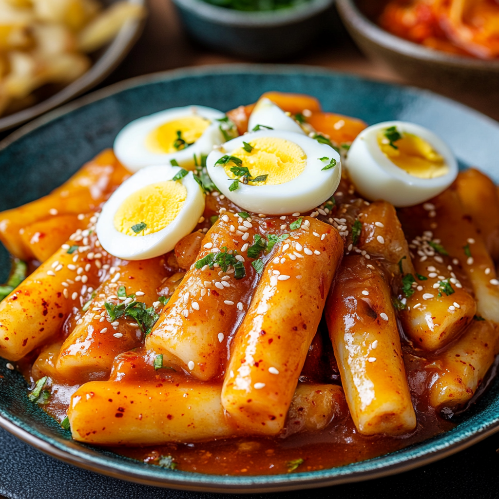 Close-up of tteokbokki with rice cakes, fish cakes, and boiled eggs in a spicy red sauce.