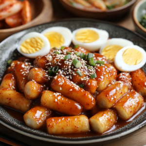 Close-up of tteokbokki with rice cakes, fish cakes, and boiled eggs in a spicy red sauce.