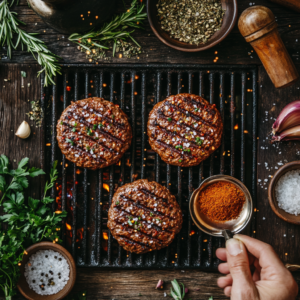 Top-down view of burger patties on a grill being seasoned with salt, pepper, paprika, and garlic powder.