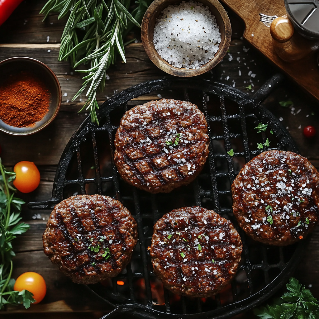 Top-down view of burger patties on a grill being seasoned with salt, pepper, paprika, and garlic powder.