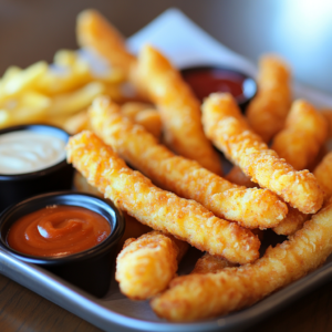 Golden chicken fries with dipping sauces in a casual dining setting.