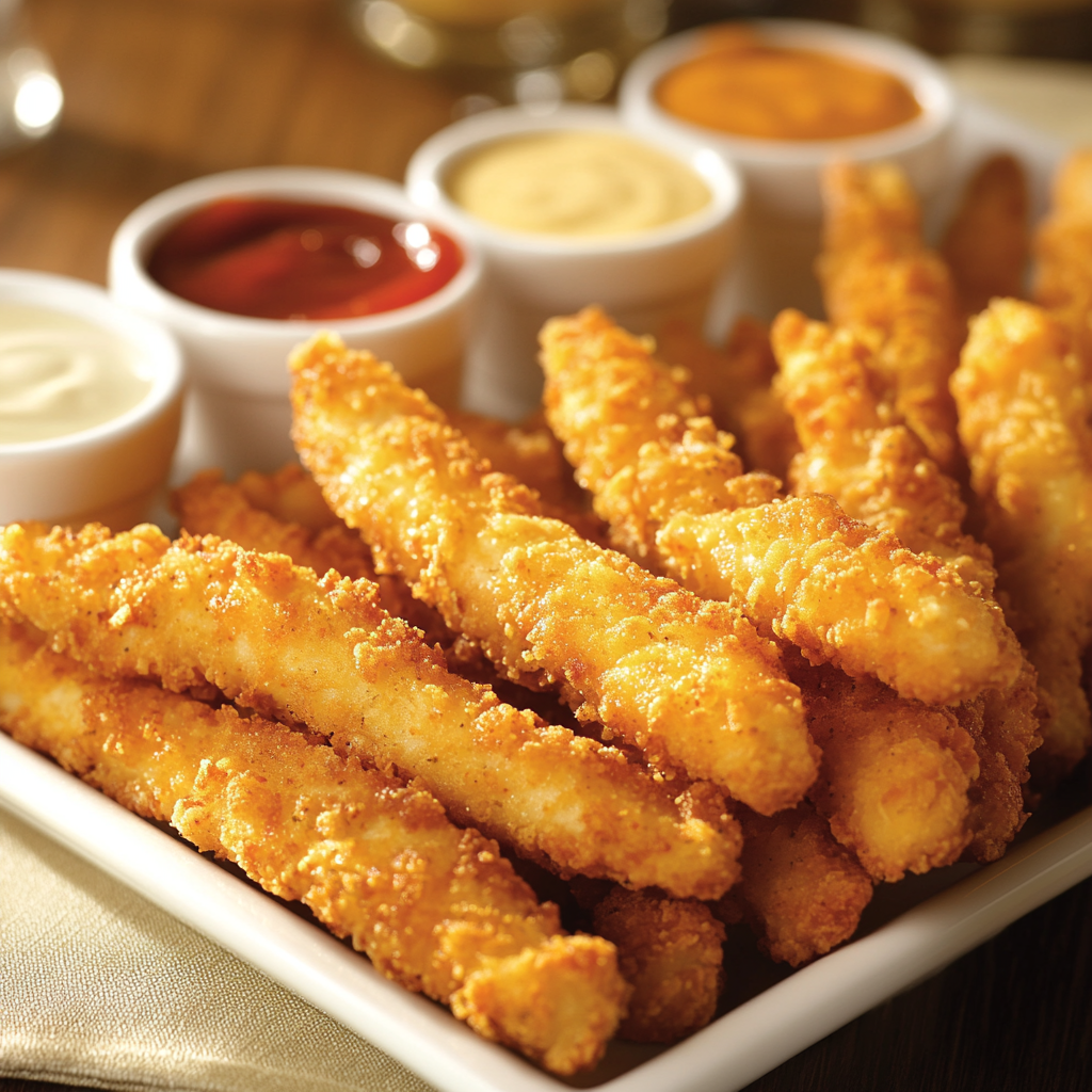 Golden chicken fries with dipping sauces in a casual dining setting.