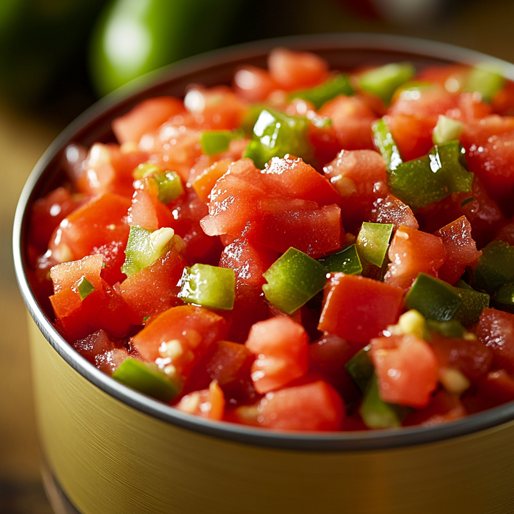 Close-up of an open can of Rotel, featuring diced tomatoes and green chilies, highlighting their vibrant colors and texture.