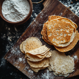 Top-down view of freshly baked sourdough crackers and pancakes made from sourdough discard, highlighting their golden-brown textures and homemade quality.