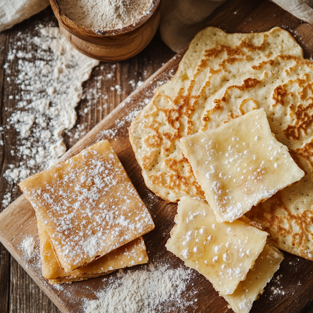 Top-down view of freshly baked sourdough crackers and pancakes made from sourdough discard, highlighting their golden-brown textures and homemade quality.