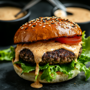 Close-up of a gourmet burger with burger sauce, lettuce, tomato, and cheese in a sesame seed bun.