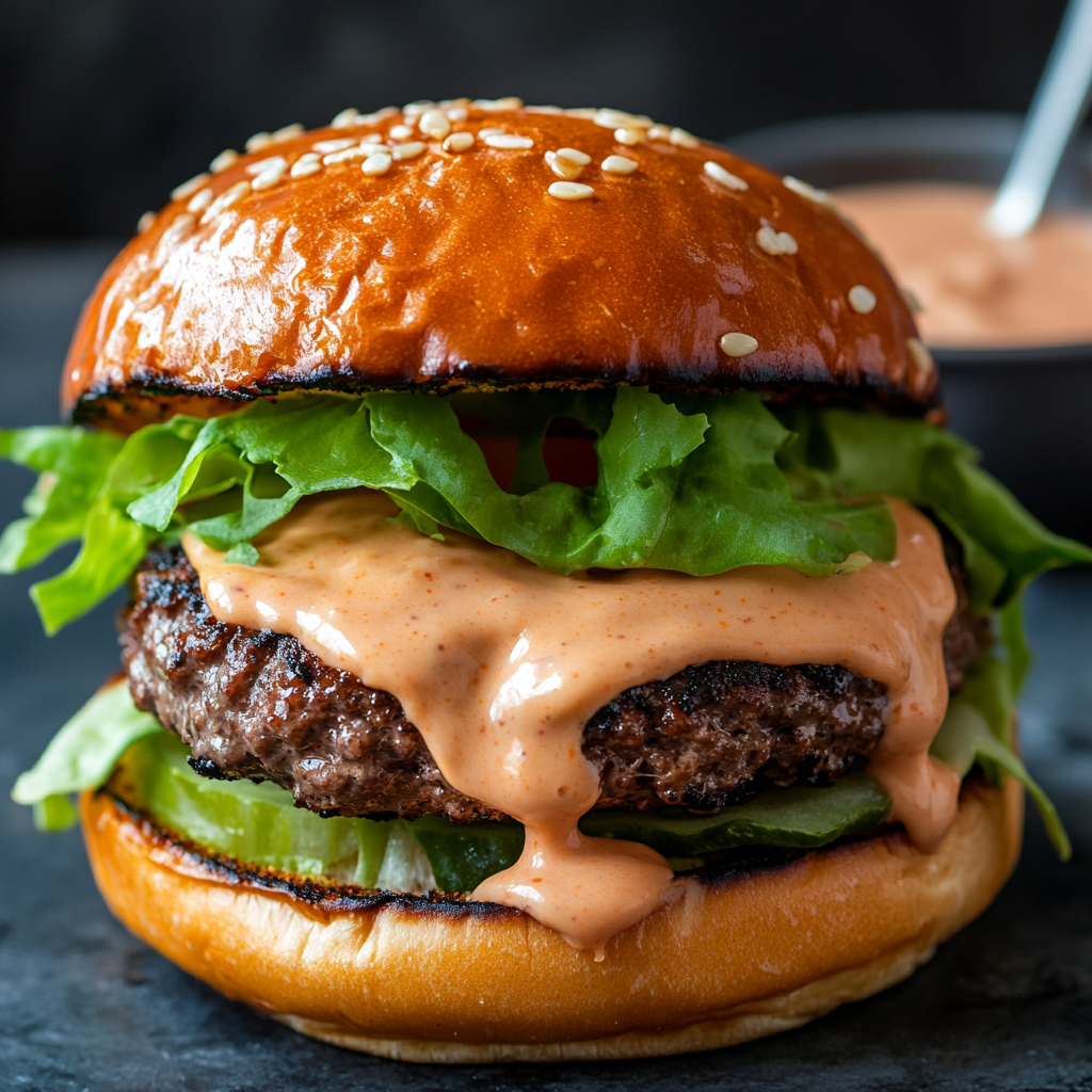 Close-up of a gourmet burger with burger sauce, lettuce, tomato, and cheese in a sesame seed bun.