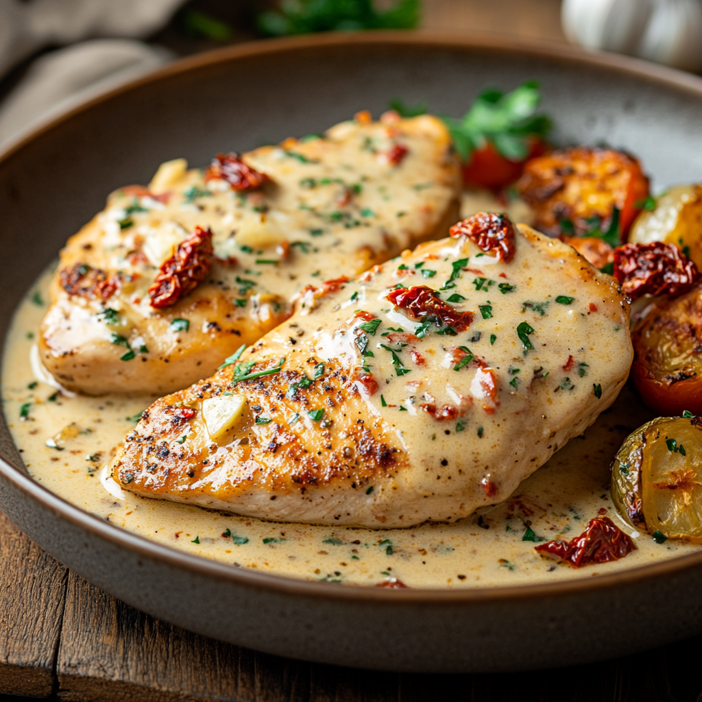 Golden chicken breasts in a creamy sauce with sun-dried tomatoes and Parmesan, garnished with fresh herbs.