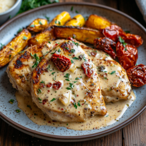 Golden chicken breasts in a creamy sauce with sun-dried tomatoes and Parmesan, garnished with fresh herbs.