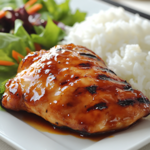 Grilled teriyaki chicken thigh with shiny glaze, served with white rice and a green salad