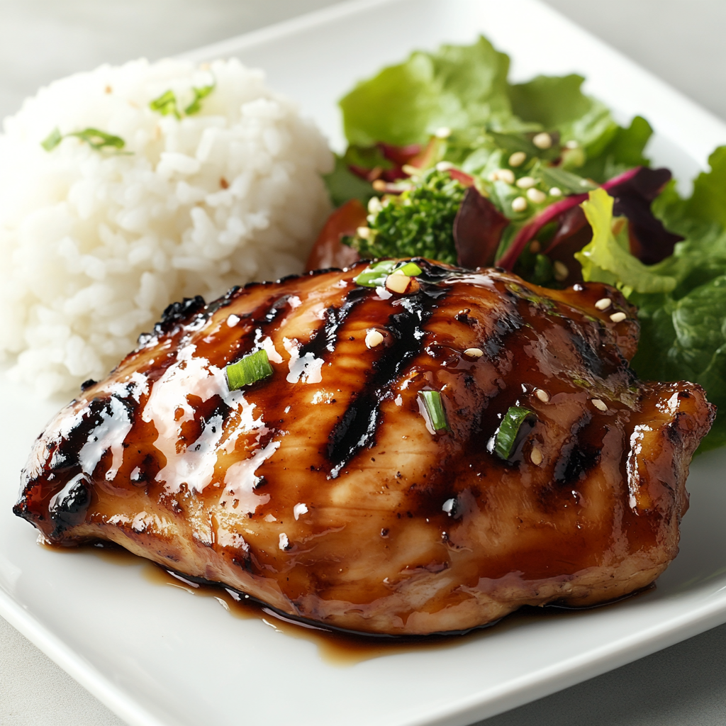 Grilled teriyaki chicken thigh with shiny glaze, served with white rice and a green salad